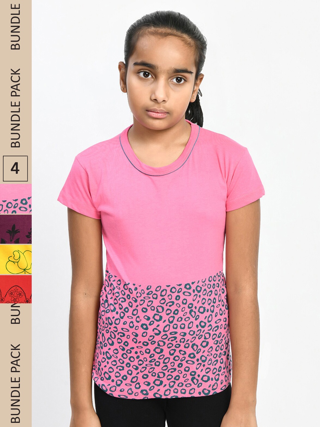 

IndiWeaves Girls Pack Of 4 Printed Pure Cotton T-shirts, Pink