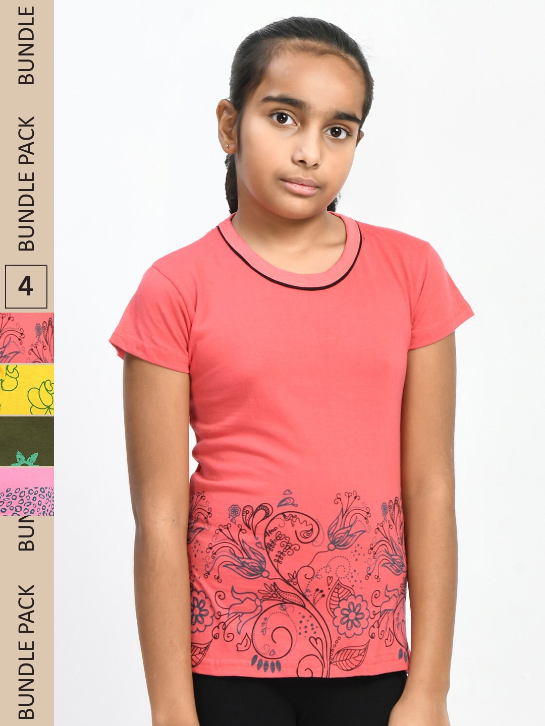 

IndiWeaves Girls Pack Of 4 Floral Printed Pure Cotton T-shirt, Pink