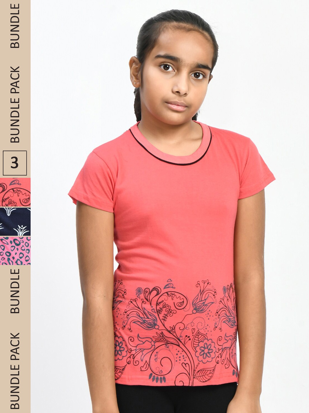 

IndiWeaves Girls Pack Of 3 Printed Pure Cotton T-shirts, Peach