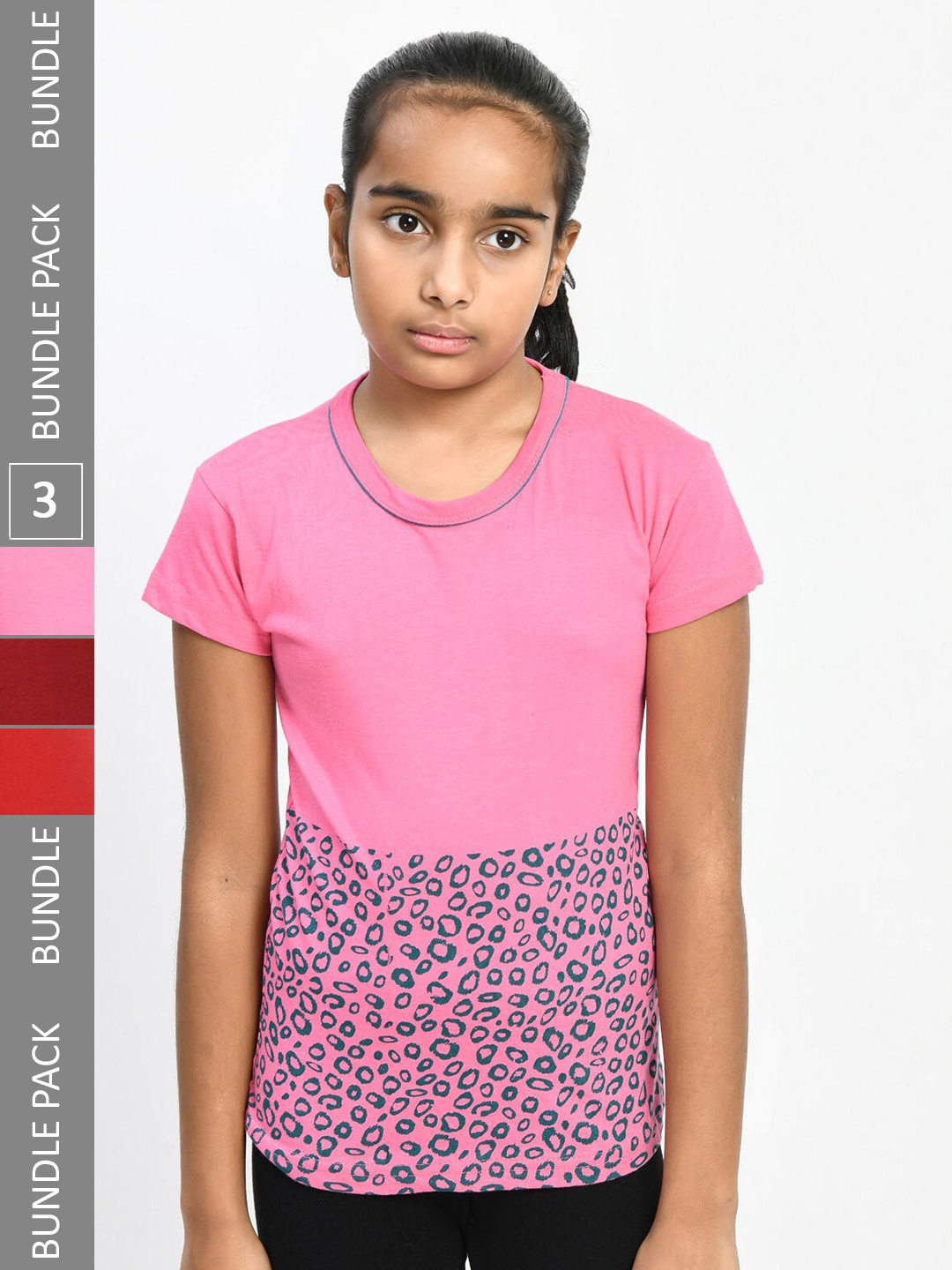 

IndiWeaves Girls Pack Of 3 Floral Printed Pure Cotton T-shirts, Pink