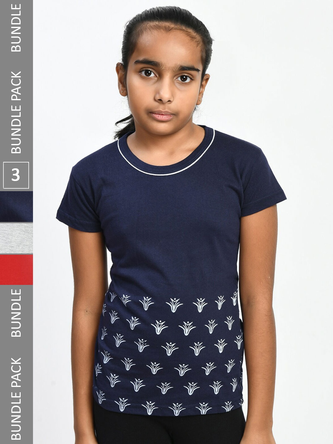 

IndiWeaves Girls Pack of 3 Printed Pure Cotton T-shirts, Navy blue