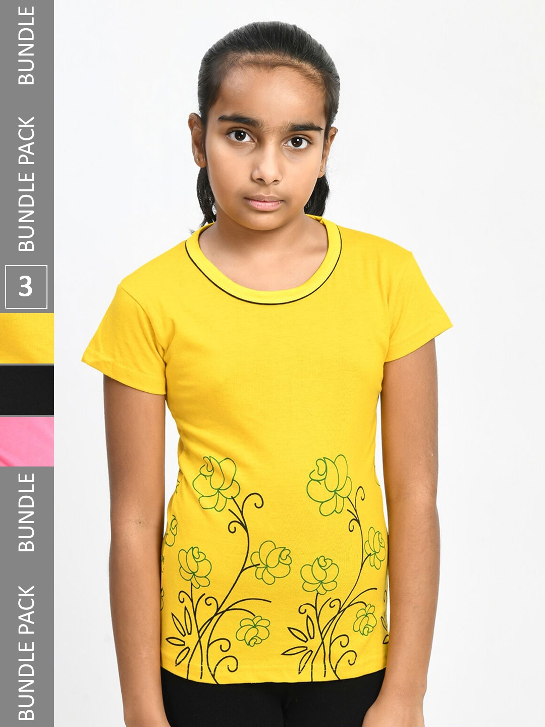 

IndiWeaves Girls Pack Of 5 Printed Pure Cotton T-shirt, Yellow