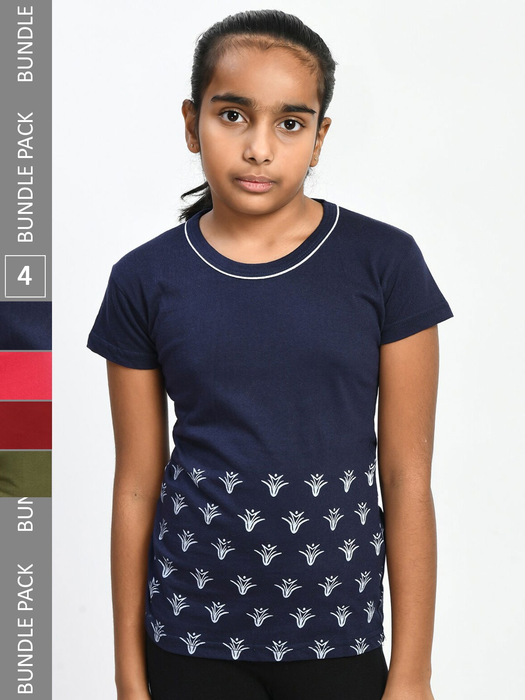 

IndiWeaves Girls Pack Of 4 Floral Printed Pure Cotton T-shirts, Navy blue