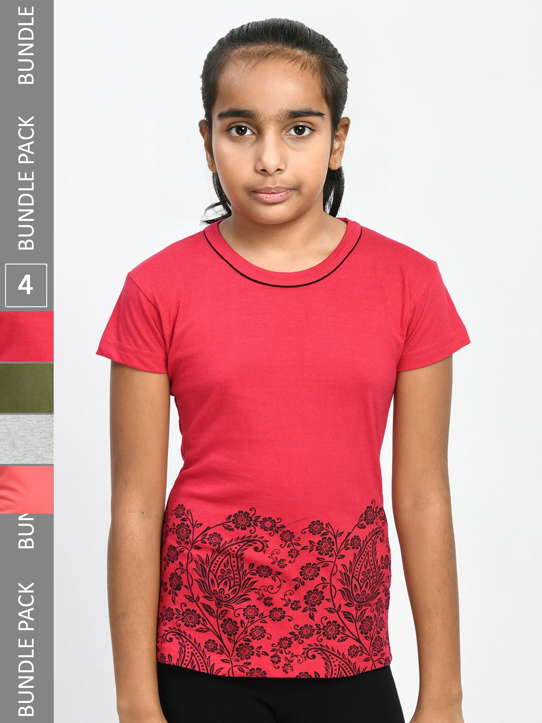 

IndiWeaves Girls Pack Of 4 Printed Cotton T-shirt, Red