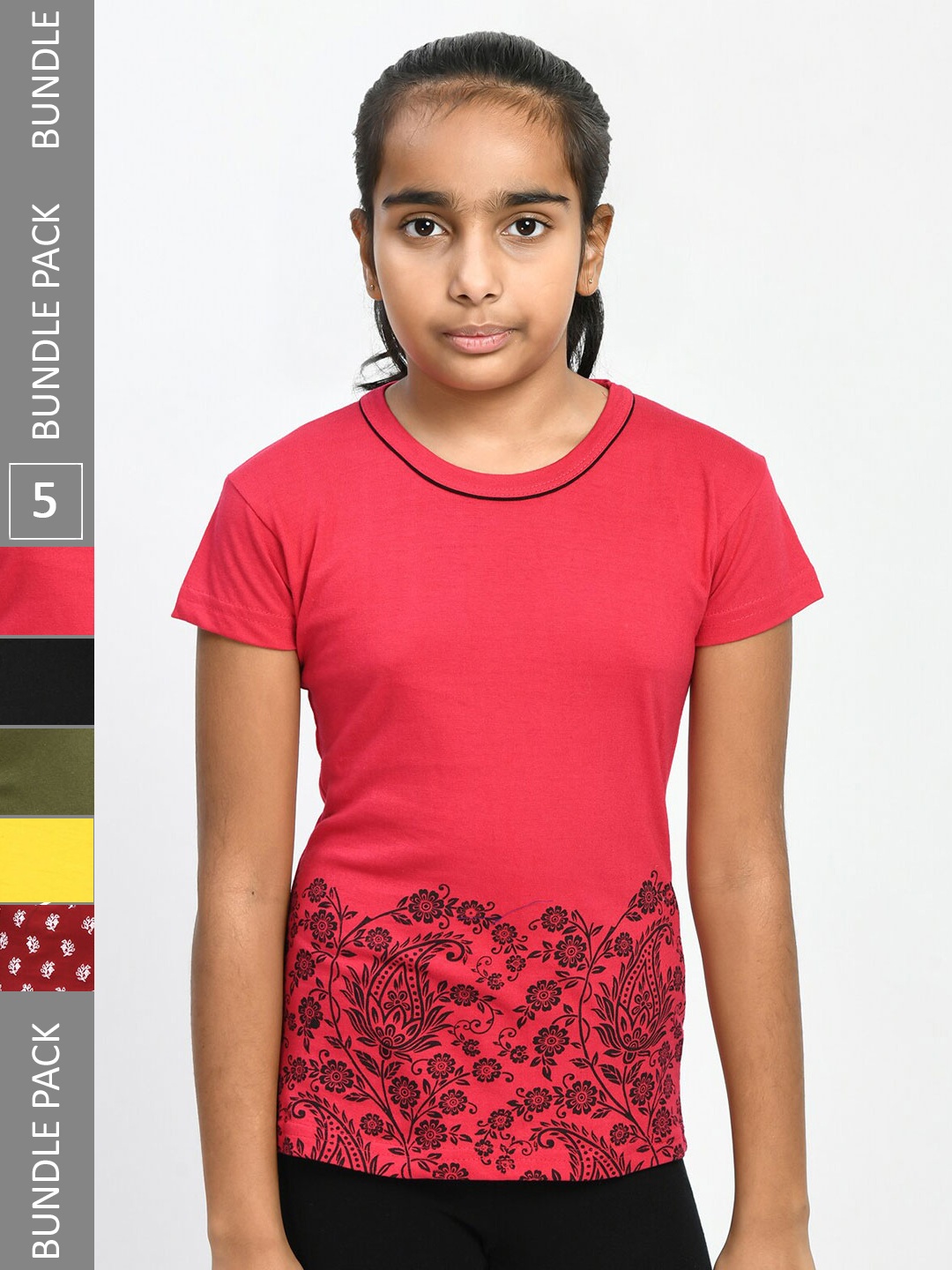 

IndiWeaves Girls Multicoloured 5 Printed V-Neck Pockets T-shirt, Multi
