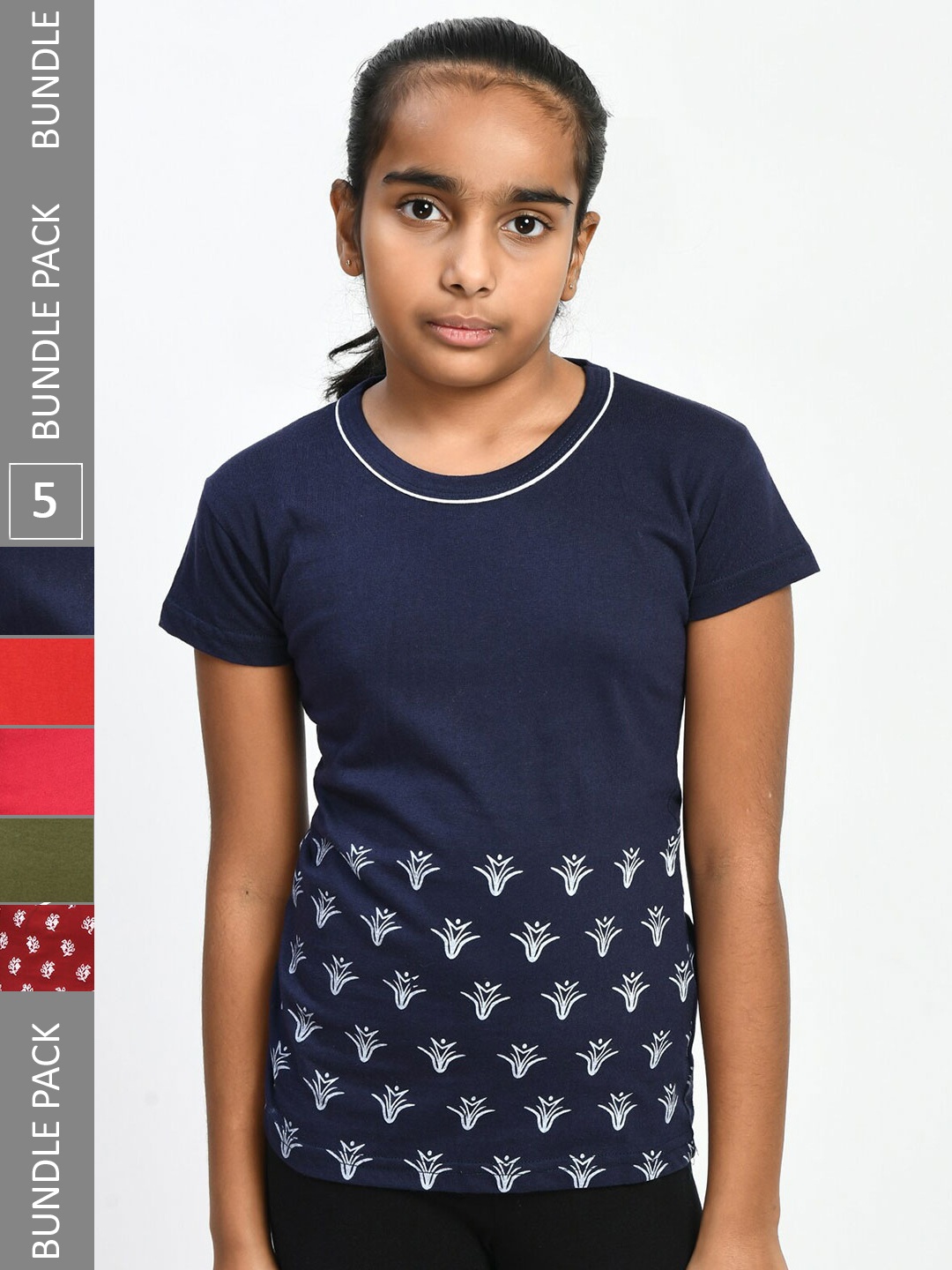 

IndiWeaves Girls Pack of 5 Floral Printed Pure Cotton T-shirts, Navy blue