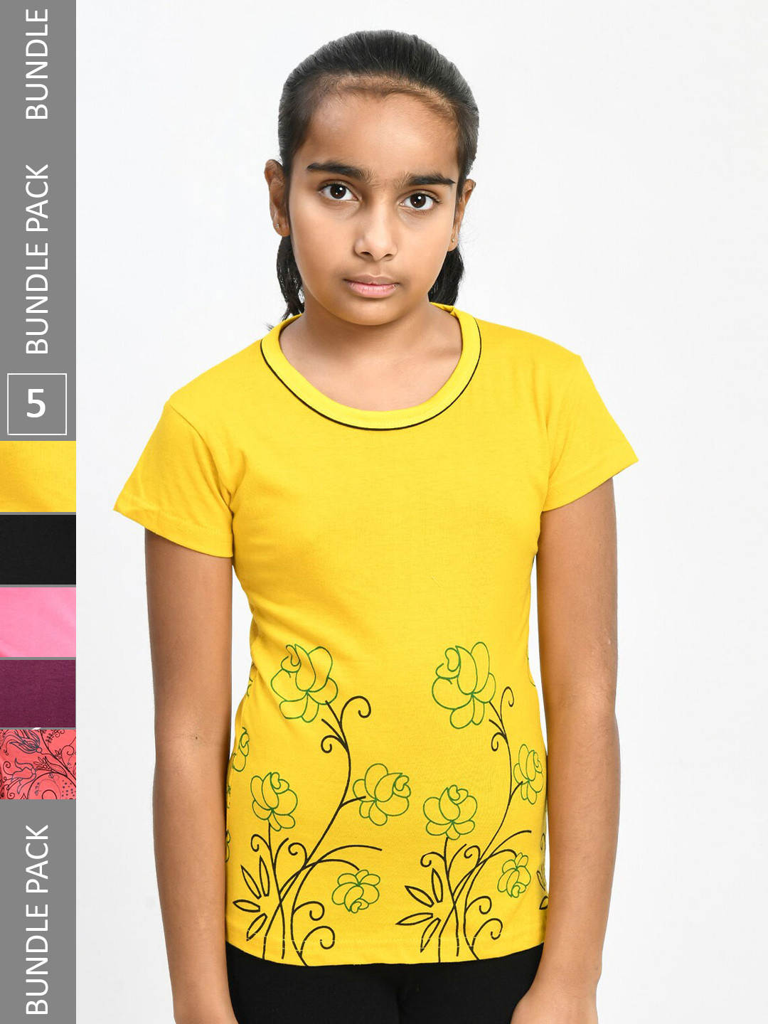 

IndiWeaves Girls Pack Of 5 Floral Printed Pure Cotton T-shirt, Yellow