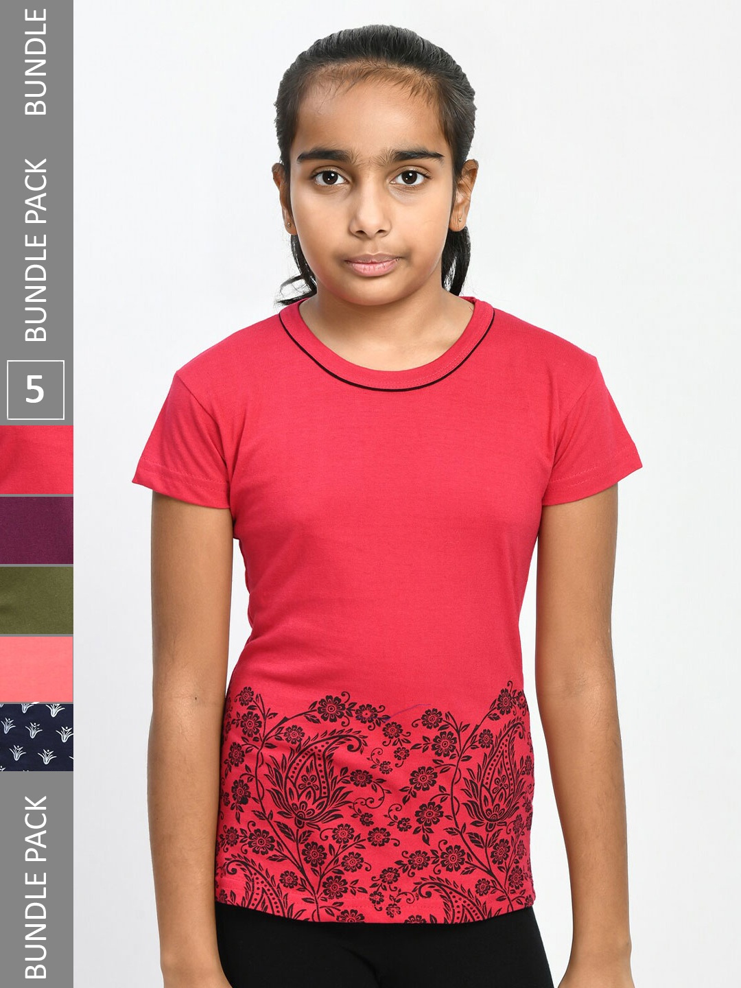 

IndiWeaves Girls Pack of 5 Printed Pure Cotton T-shirts, Pink