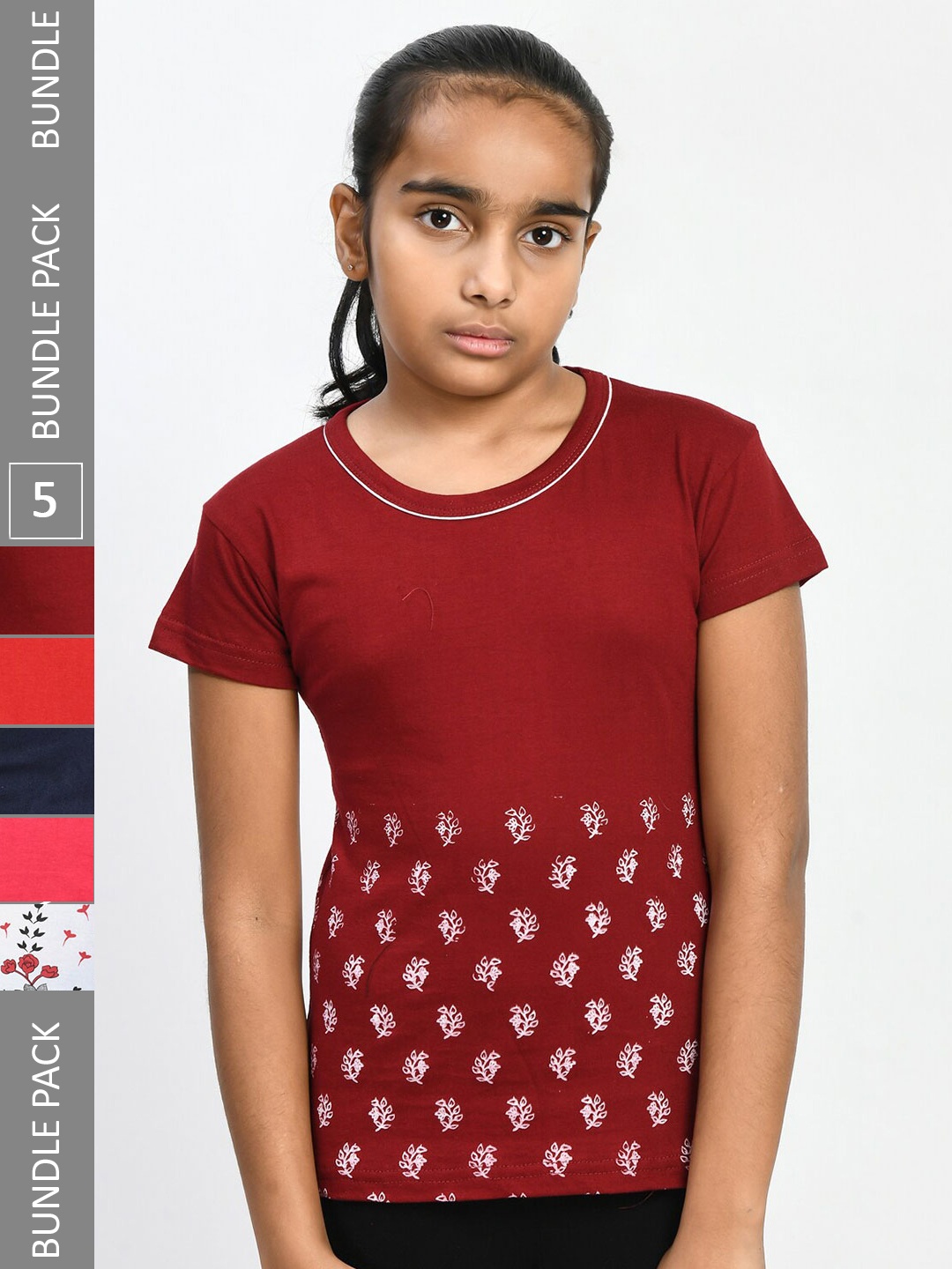 

IndiWeaves Girls Multicoloured 5 Printed V-Neck Applique T-shirt, Multi