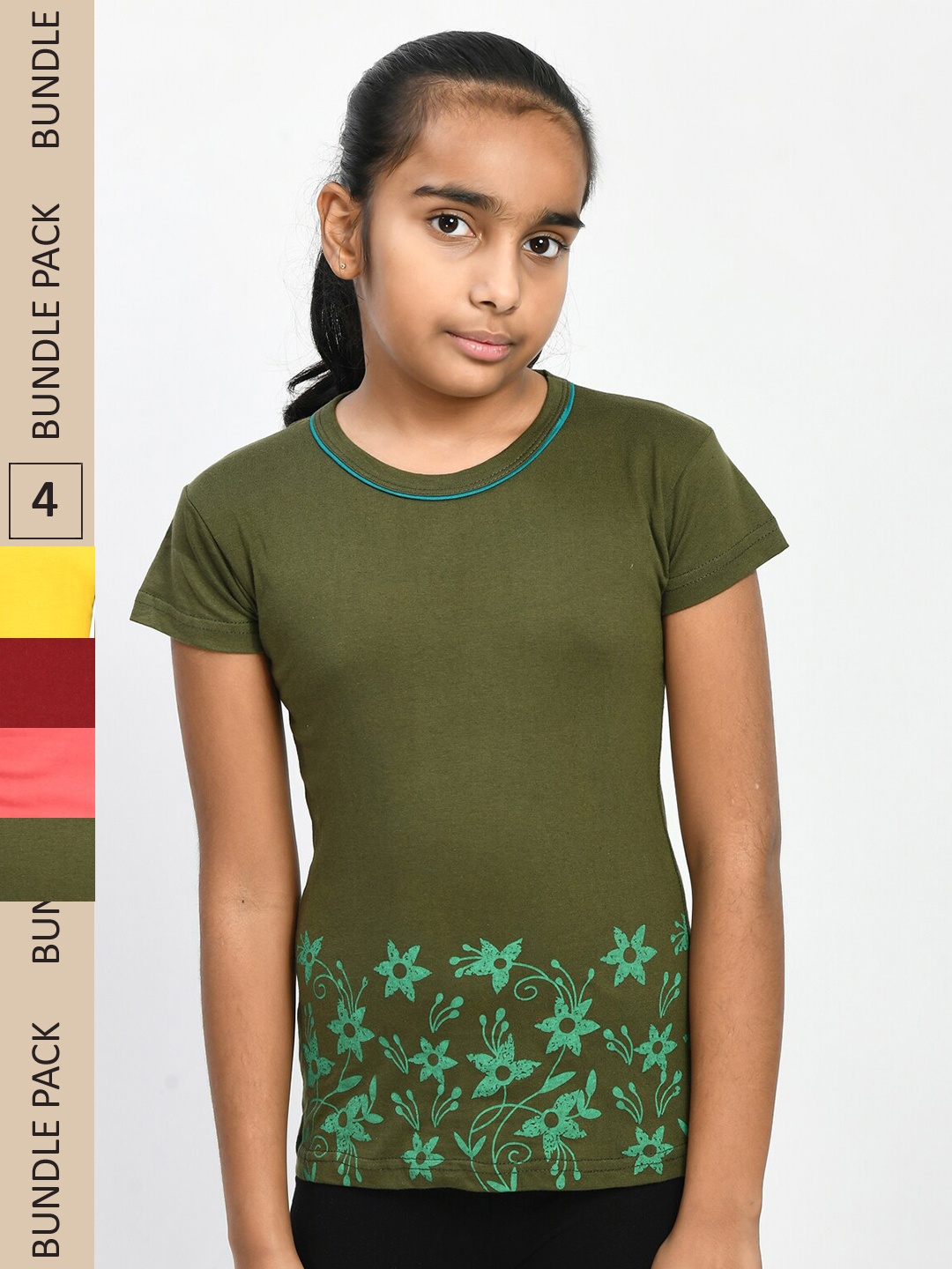 

IndiWeaves Girls Pack Of 4 Floral Printed Pure Cotton T-shirt, Olive