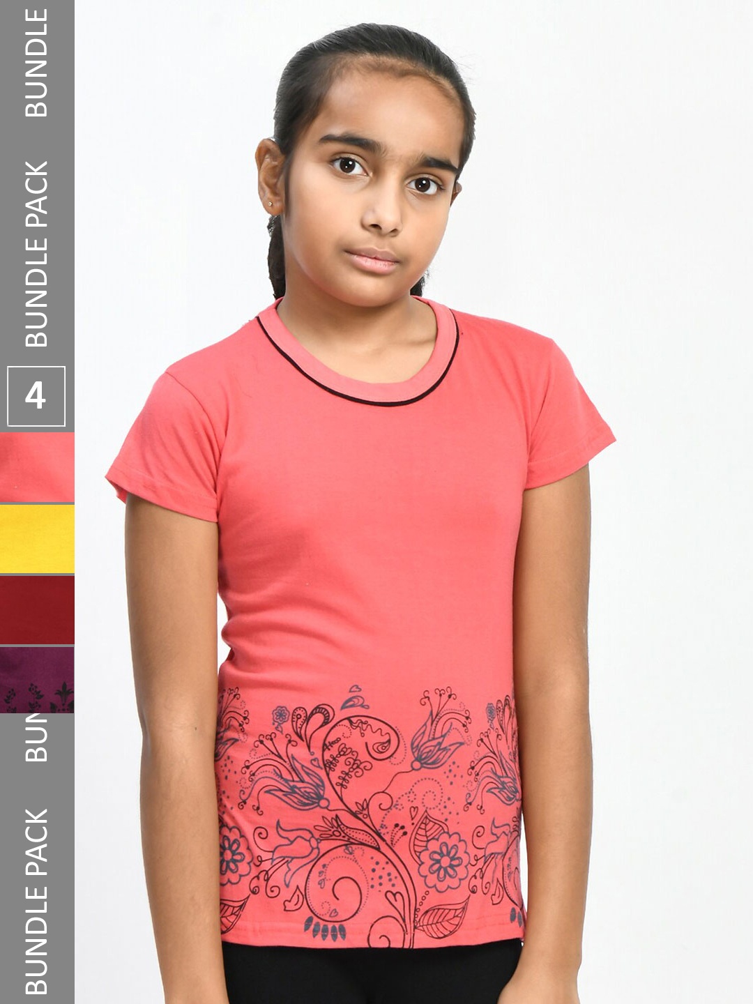 

IndiWeaves Girls Pack Of 4 Printed Pure Cotton T-shirts, Pink