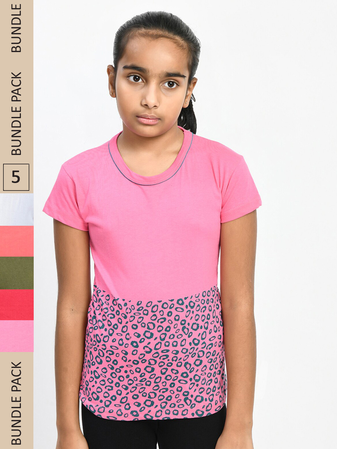 

IndiWeaves Girls Pack Of 5 Printed Pure Cotton T-shirt, Pink