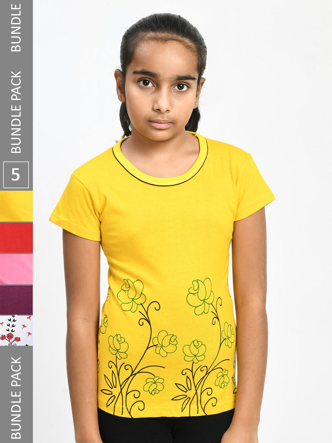 

IndiWeaves Girls Pack Of 5 Floral Printed Pure Cotton T-shirts, Red