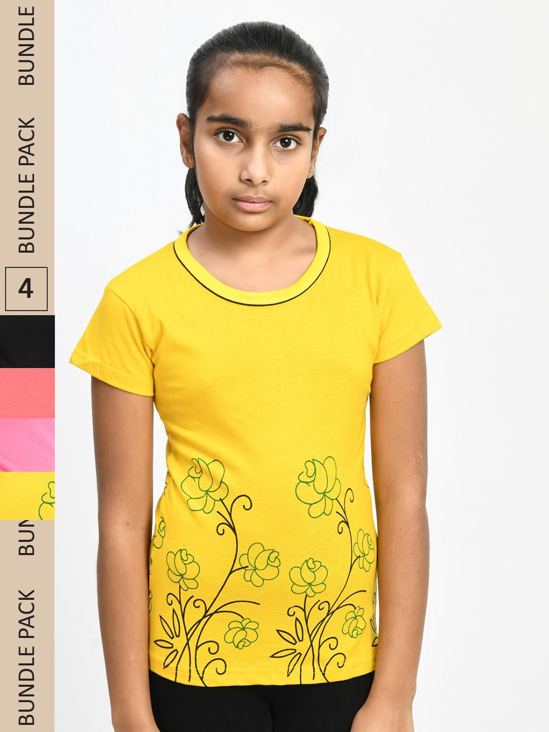

IndiWeaves Girls Pack Of 4 Floral Printed Pure Cotton T-shirts, Yellow