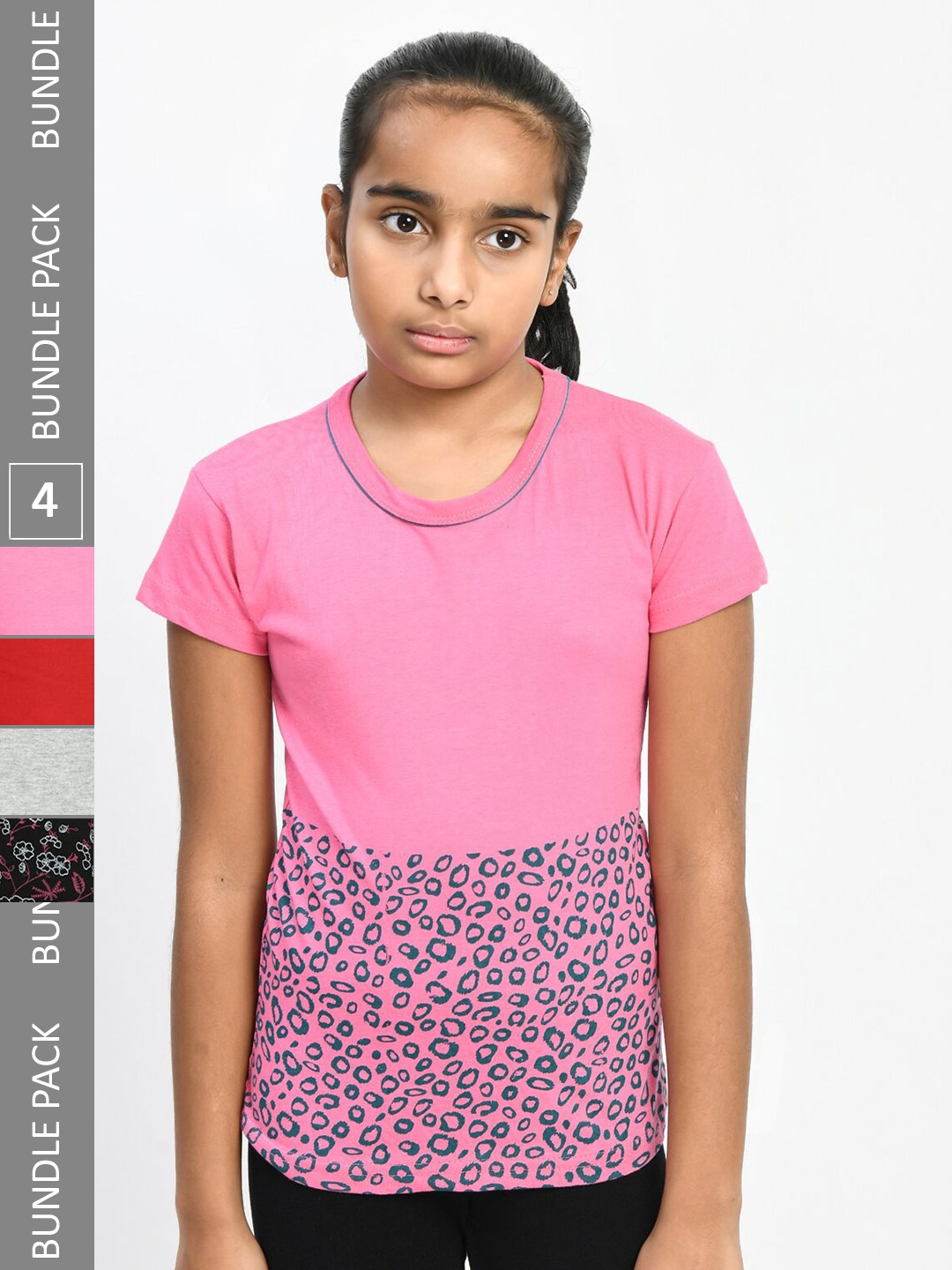 

IndiWeaves Girls Pack Of 4 Floral Printed Pure Cotton T-shirt, Pink
