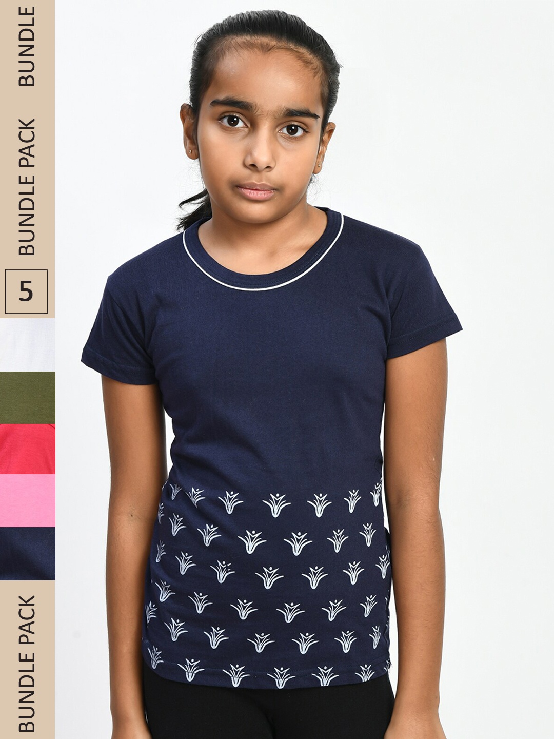 

IndiWeaves Girls Pack Of 5 Printed Pure Cotton T-shirts, Navy blue