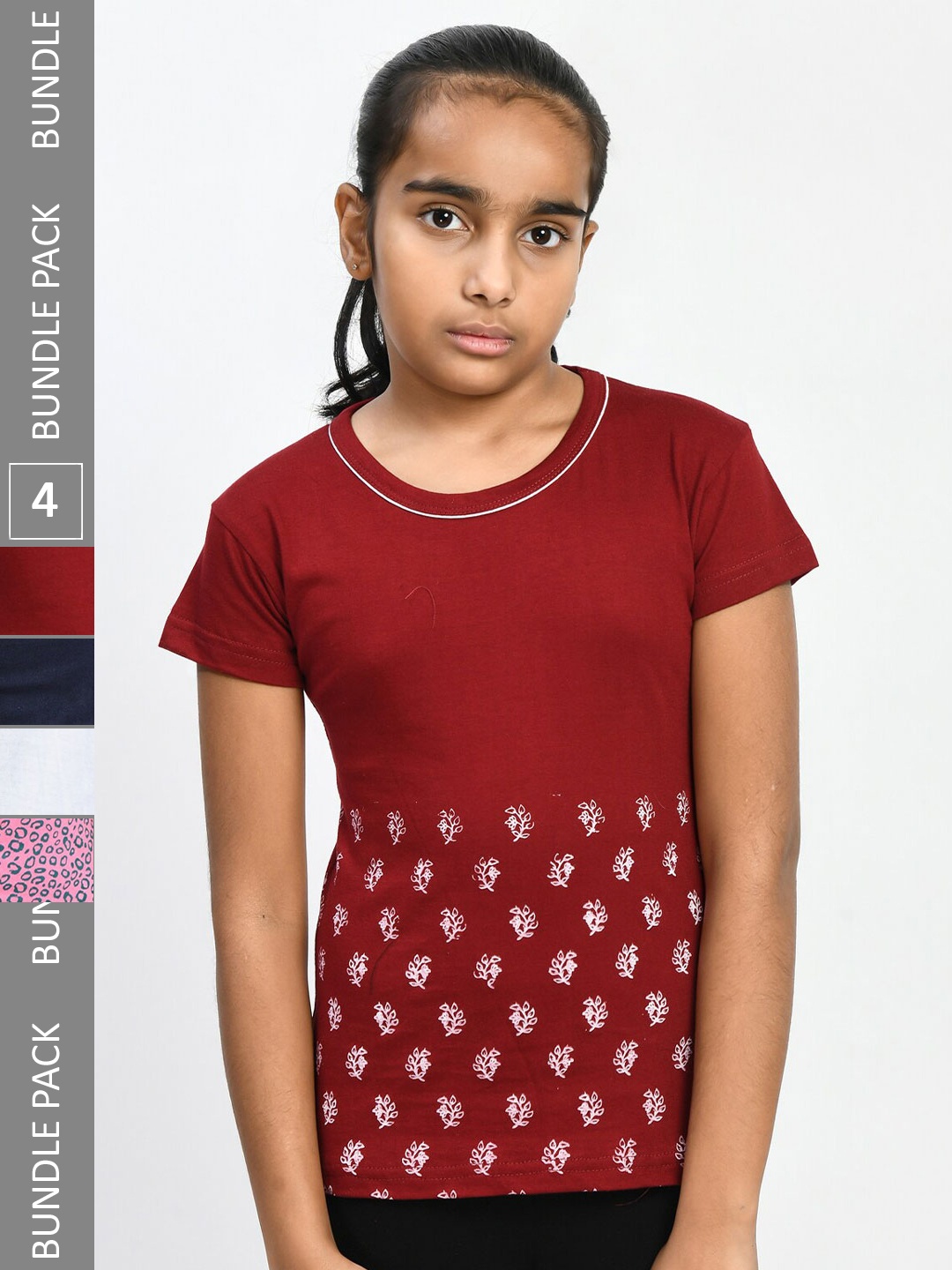 

IndiWeaves Girls Pack Of 4 Floral Printed Pure Cotton T-shirts, Maroon