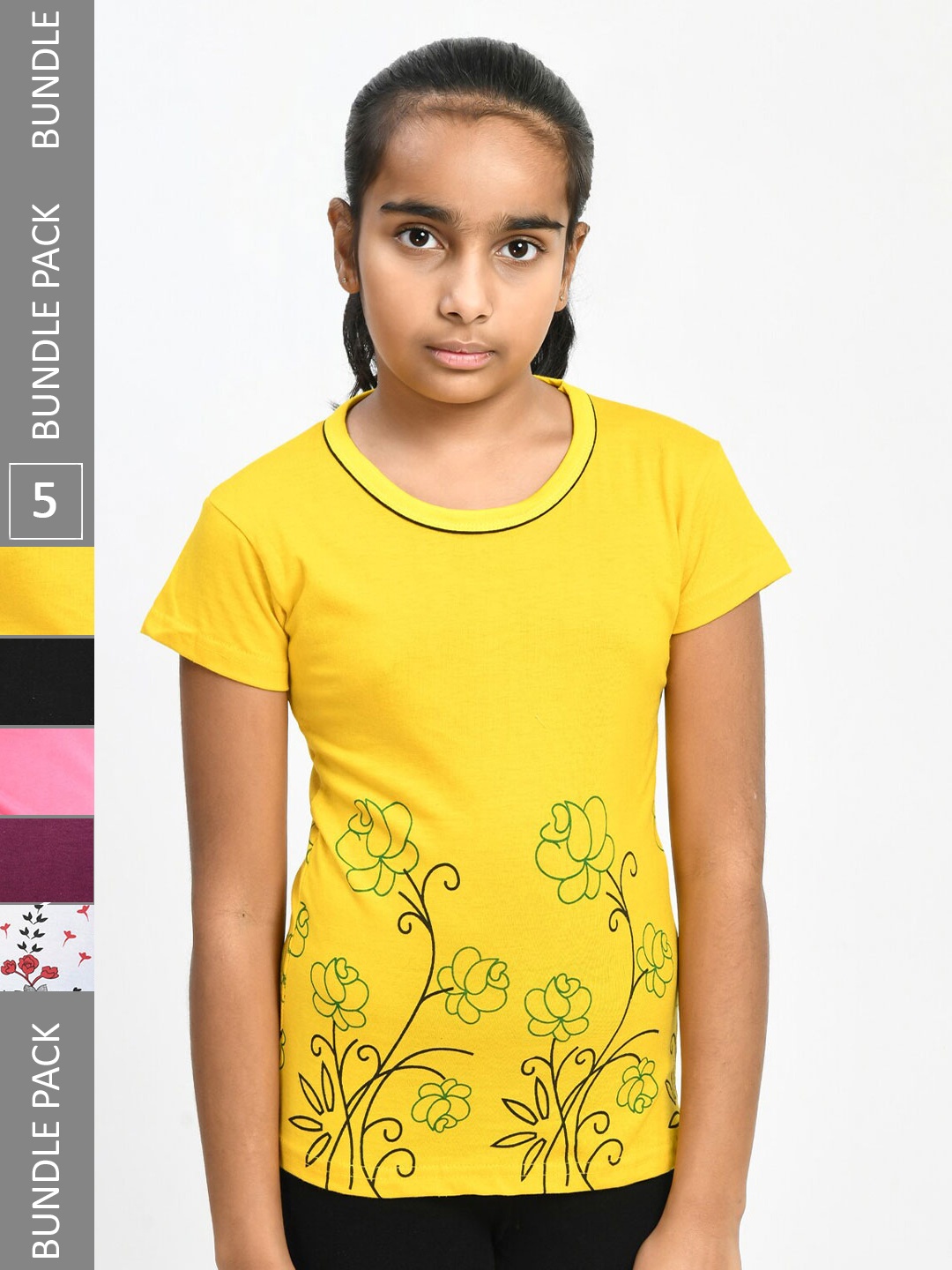 

IndiWeaves Girls Pack of 5 Printed Pure Cotton T-shirts, Yellow
