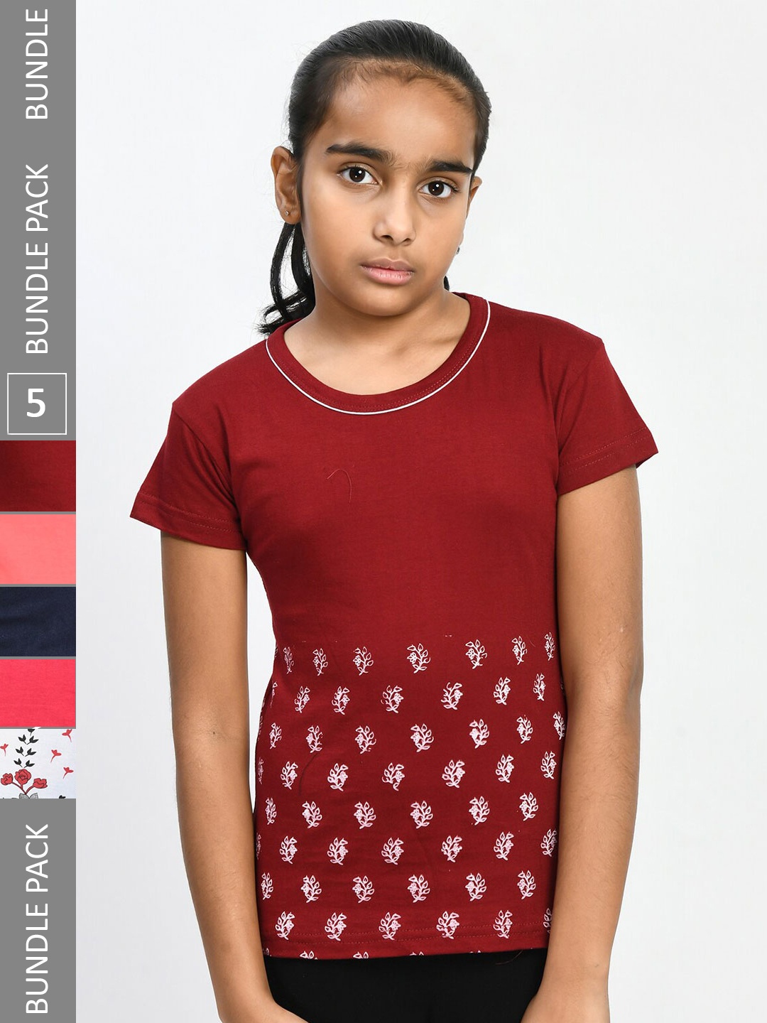 

IndiWeaves Girls Multicoloured 5 Printed V-Neck Applique T-shirt, Multi