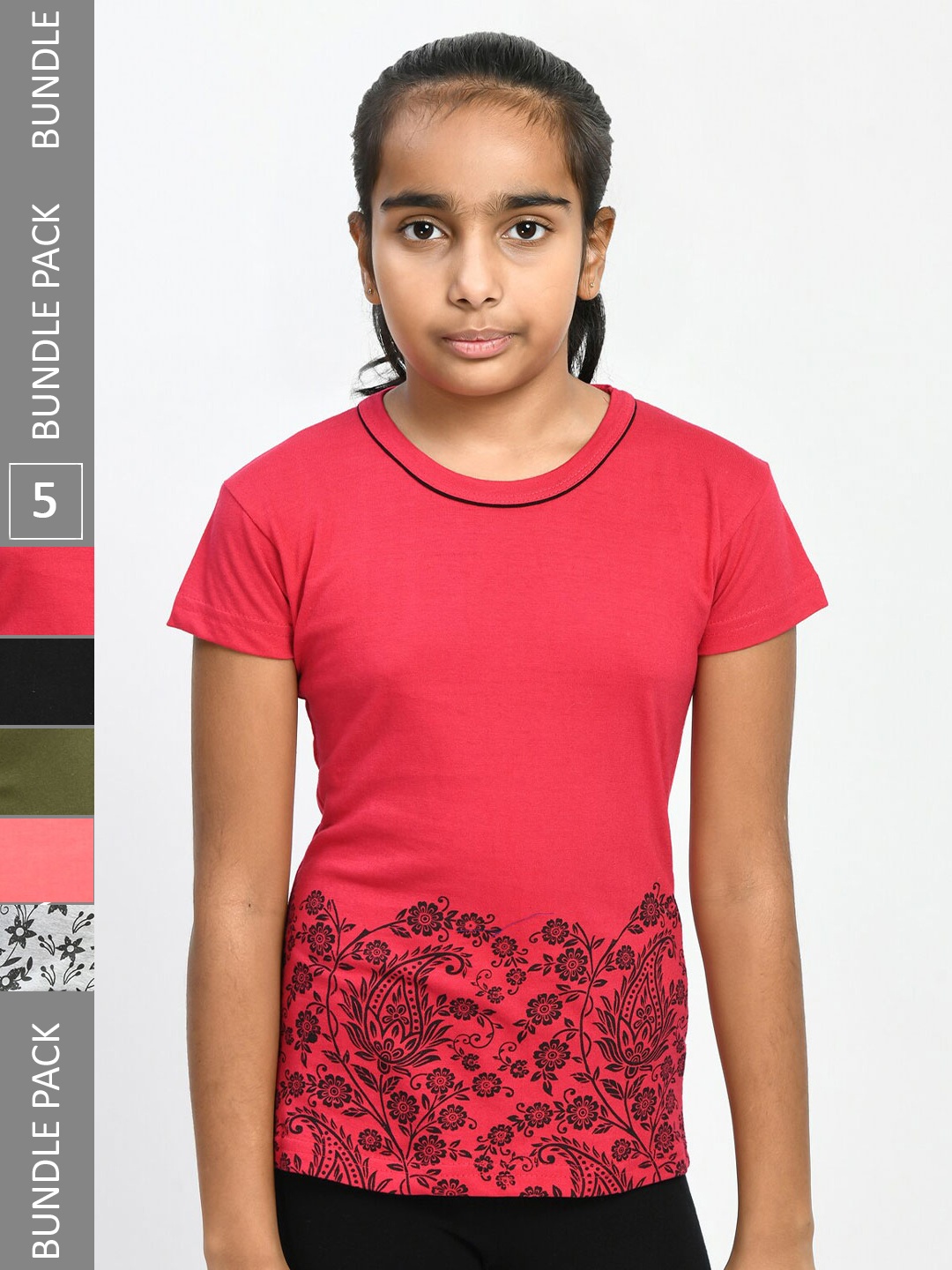 

IndiWeaves Girls Pack Of 5 Floral Printed Pure Cotton T-shirt, Pink