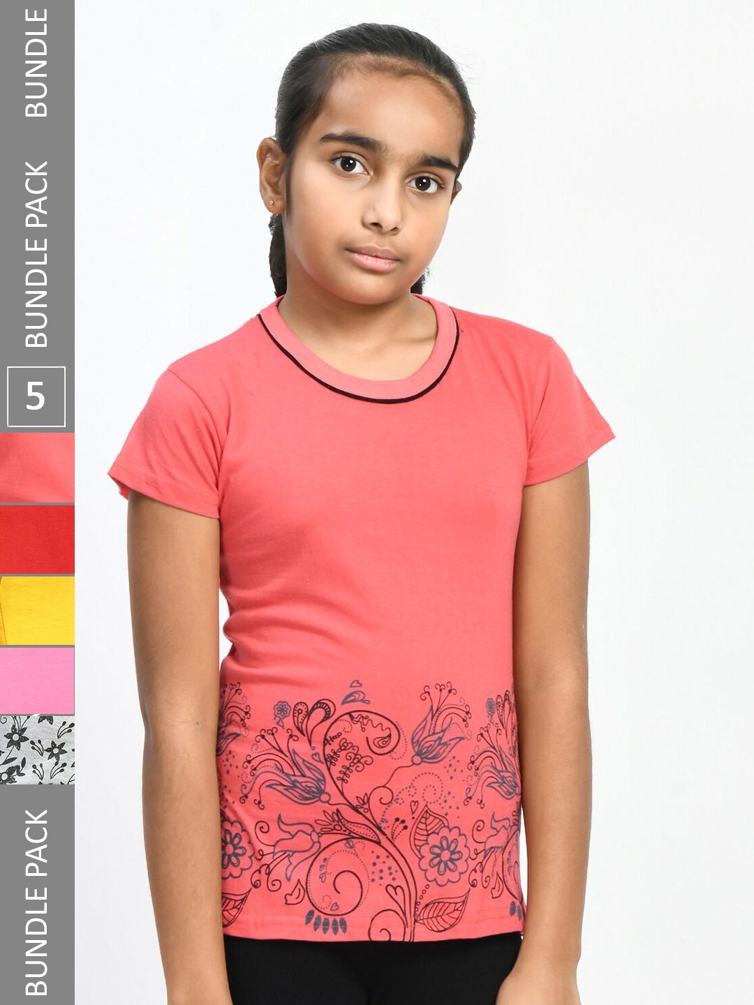 

IndiWeaves Girls Pack Of 5 Floral Printed Pure Cotton T-shirts, Coral