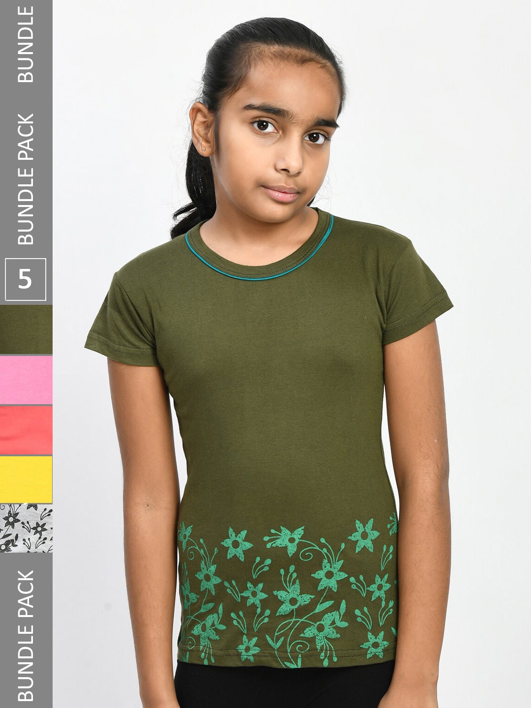 

IndiWeaves Girls Pack Of 5 Printed Cotton T-shirt, Green