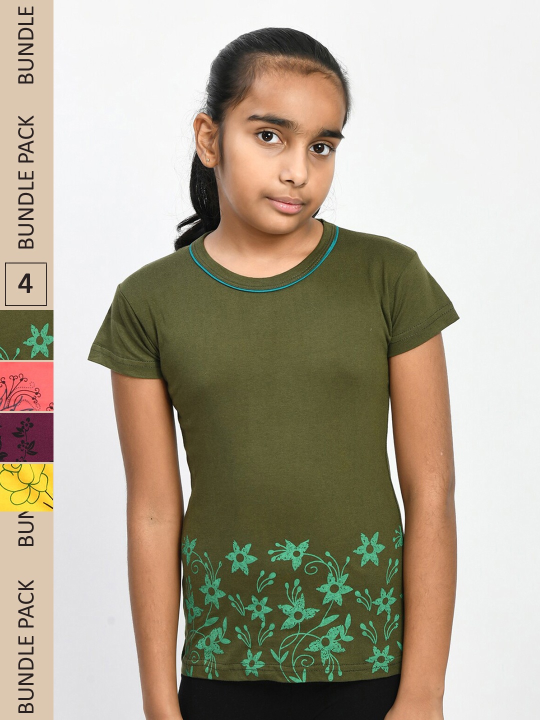 

IndiWeaves Girls Pack Of 4 Printed Pure Cotton T-shirts, Olive