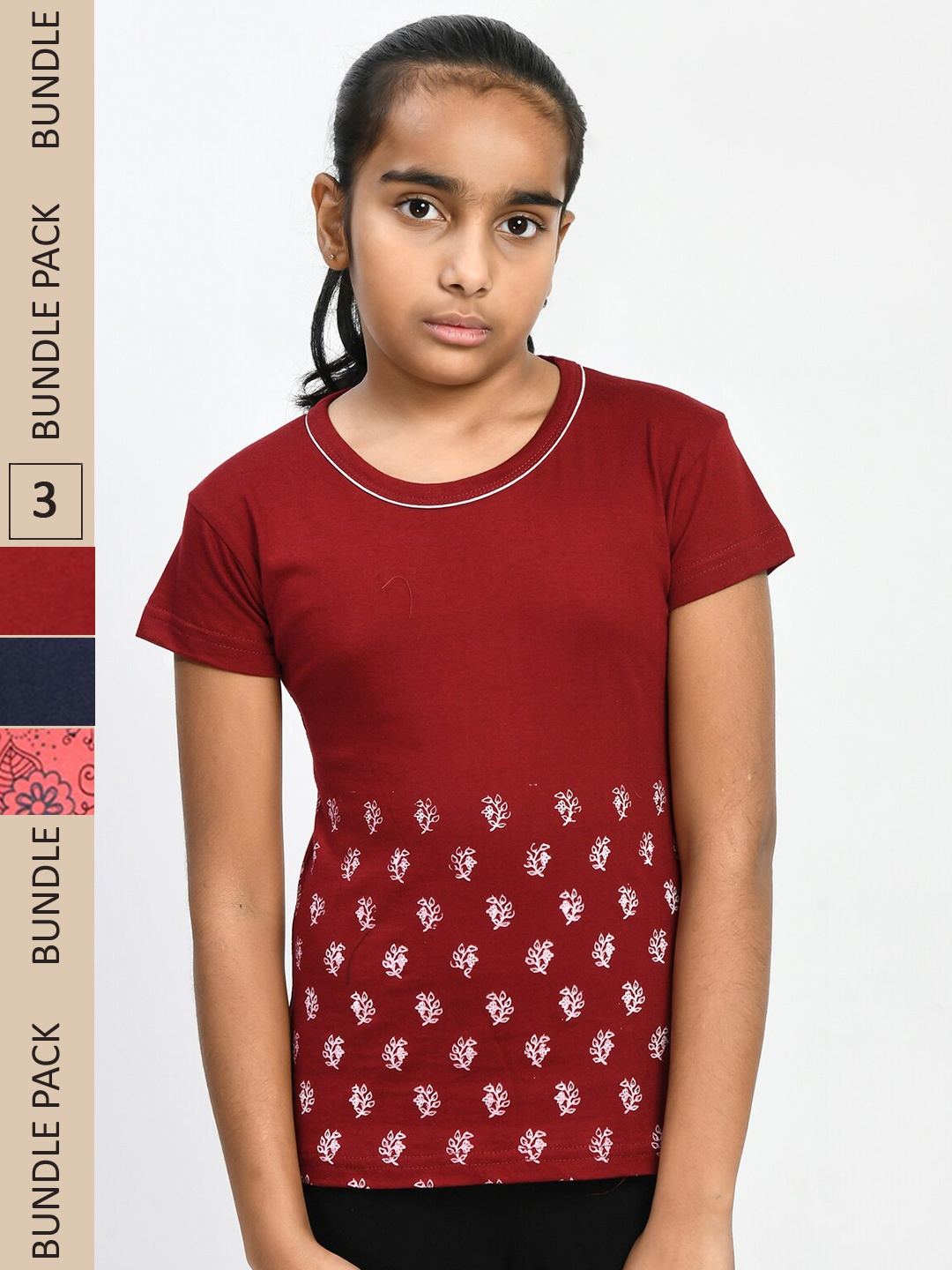 

IndiWeaves Girls Pack of 4 Printed Pure Cotton T-shirts, Maroon