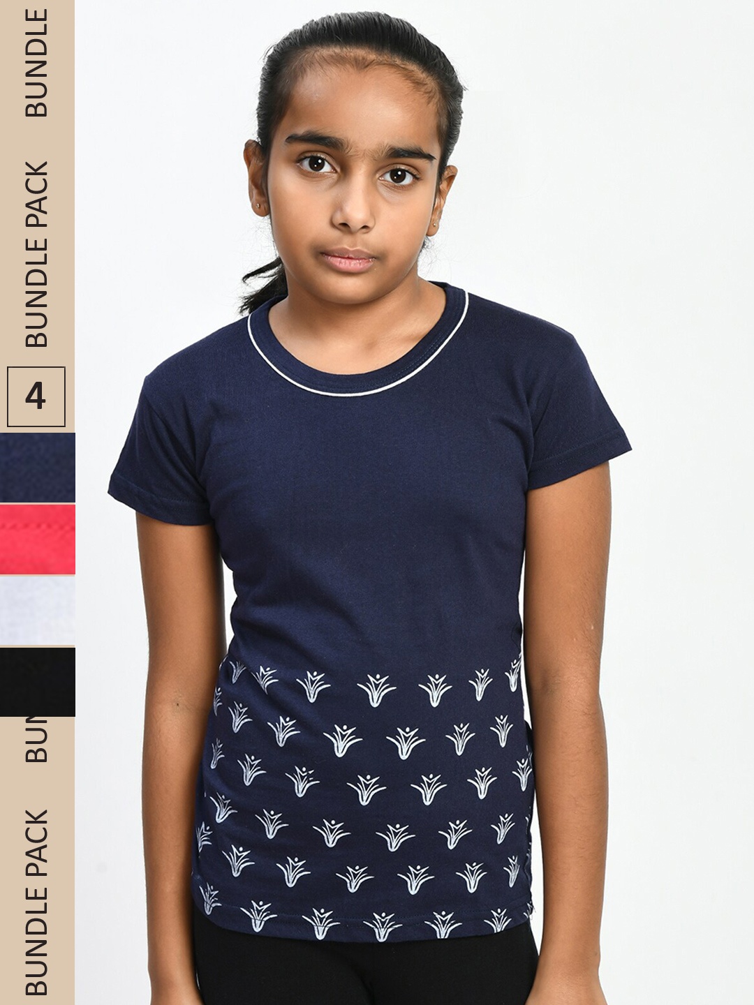 

IndiWeaves Girls Pack Of 4 Floral Printed Casual Pure Cotton T-shirts, Navy blue