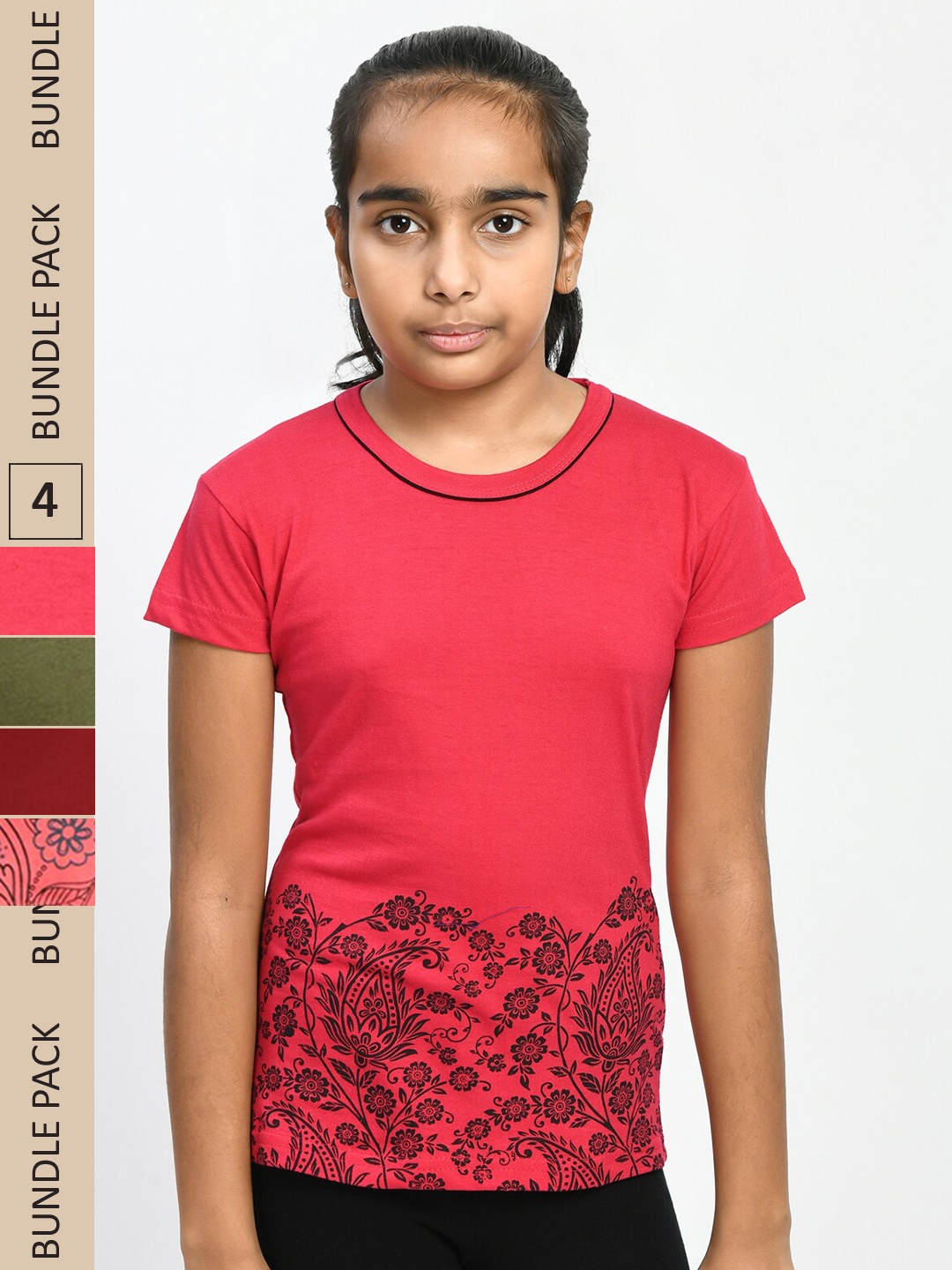 

IndiWeaves Girls Pack Of 4 Floral Printed Pure Cotton T-shirt, Pink