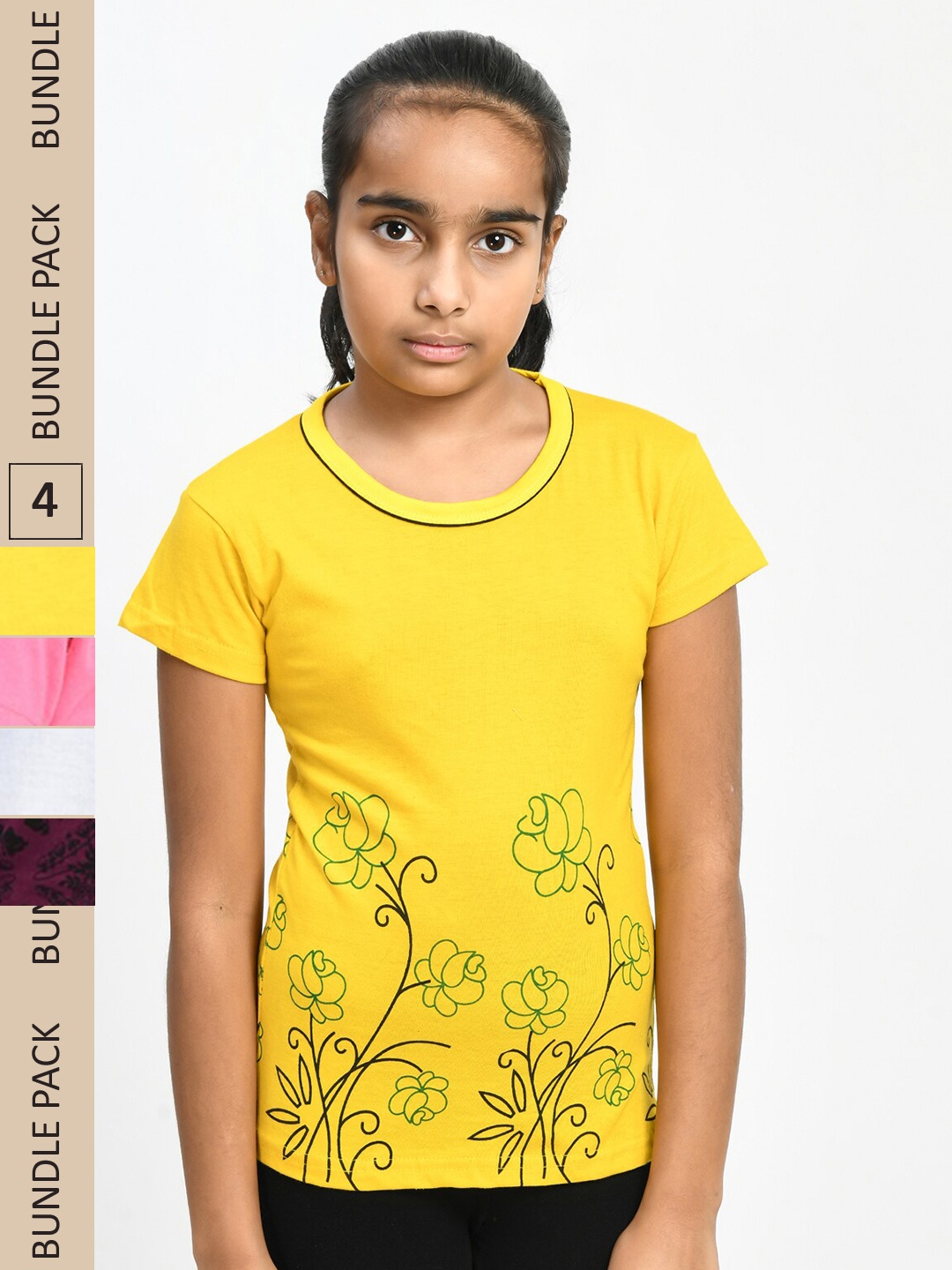 

IndiWeaves Girls Pack Of 4 Printed Pure Cotton T-shirt, Yellow