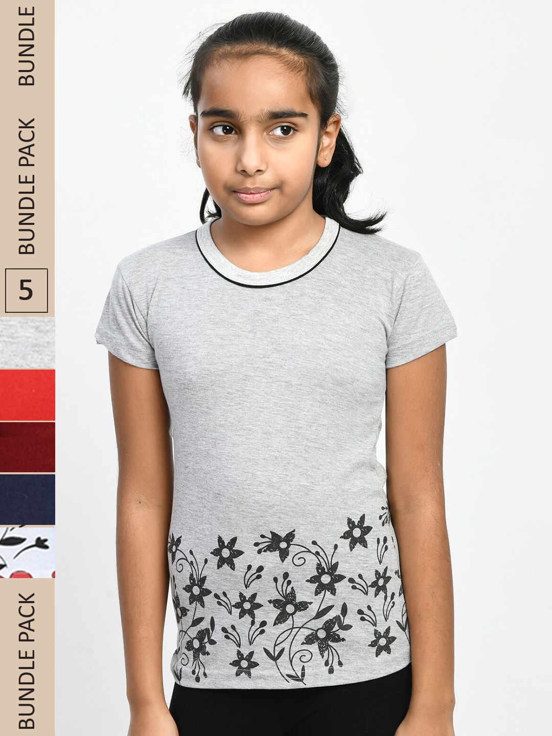 

IndiWeaves Girls Multicoloured 5 Printed Polo Collar Applique T-shirt, Multi