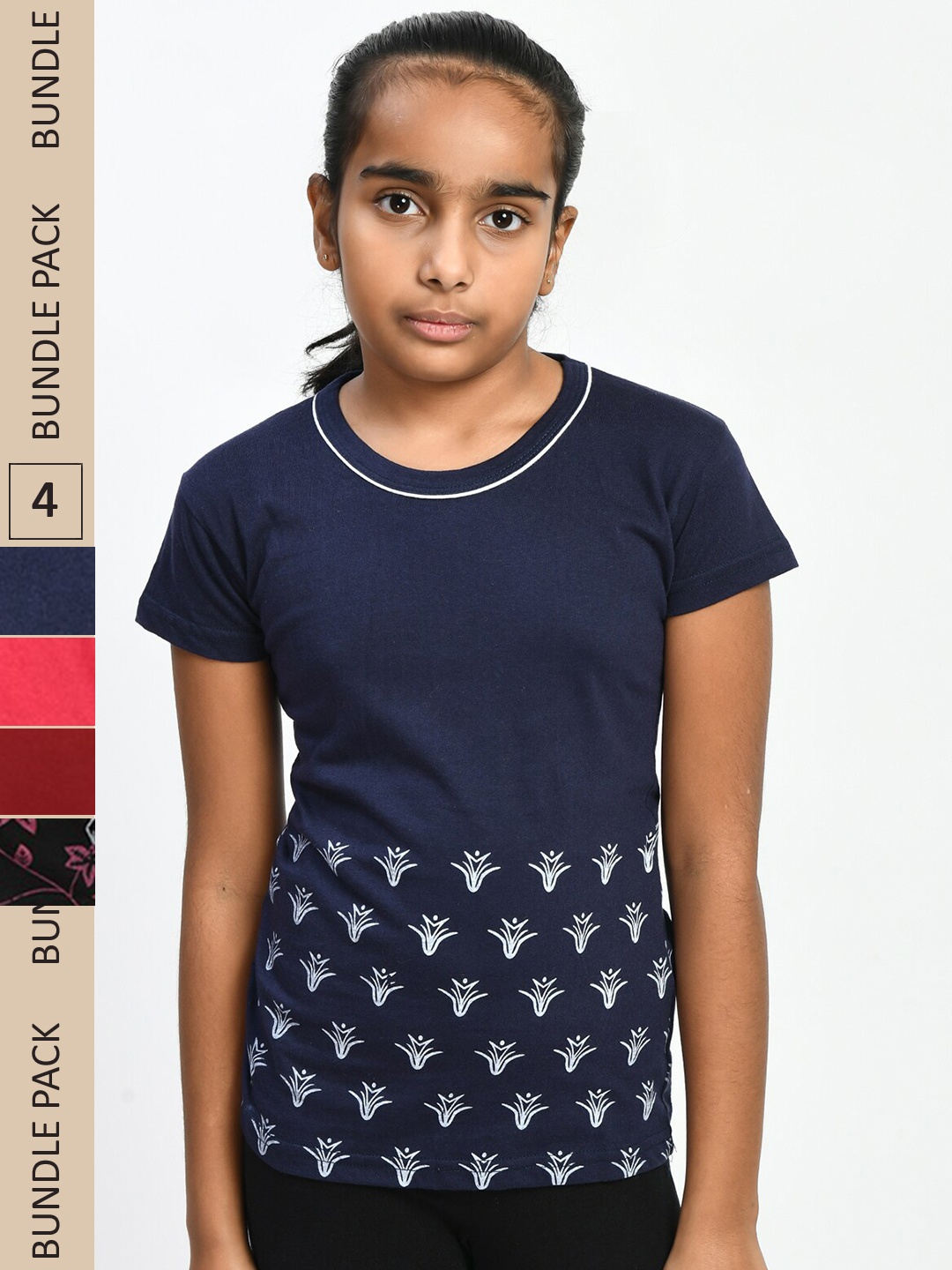 

IndiWeaves Girls Pack Of 4 Floral Printed Pure Cotton T-shirt, Navy blue