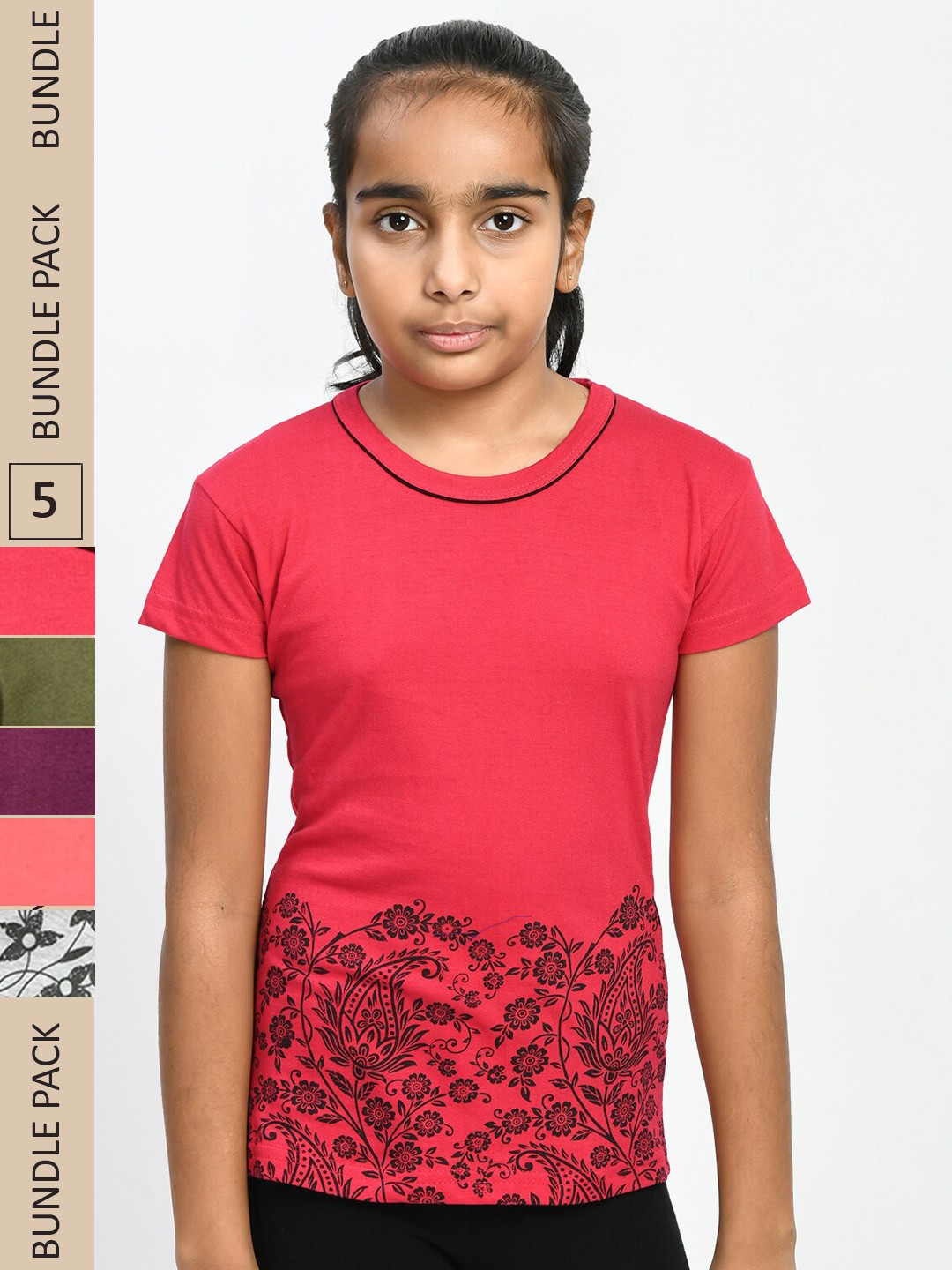 

IndiWeaves Girls Pack Of 5 Floral Printed Pure Cotton T-shirt, Pink