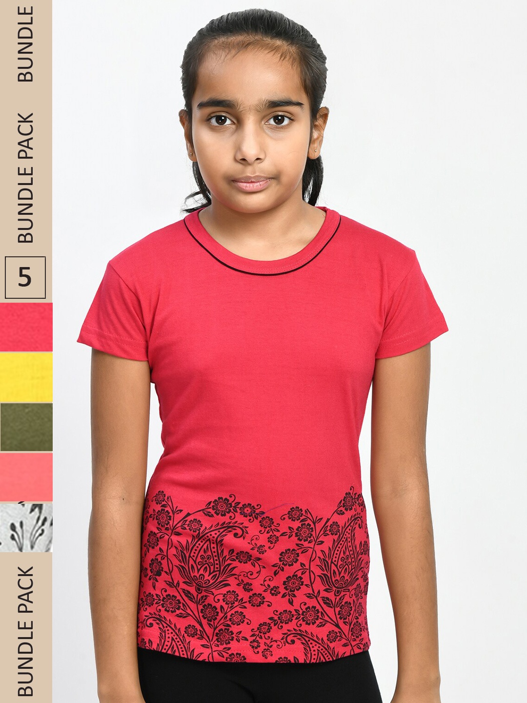 

IndiWeaves Girls Pack of 5 Printed Pure Cotton T-shirts, Pink