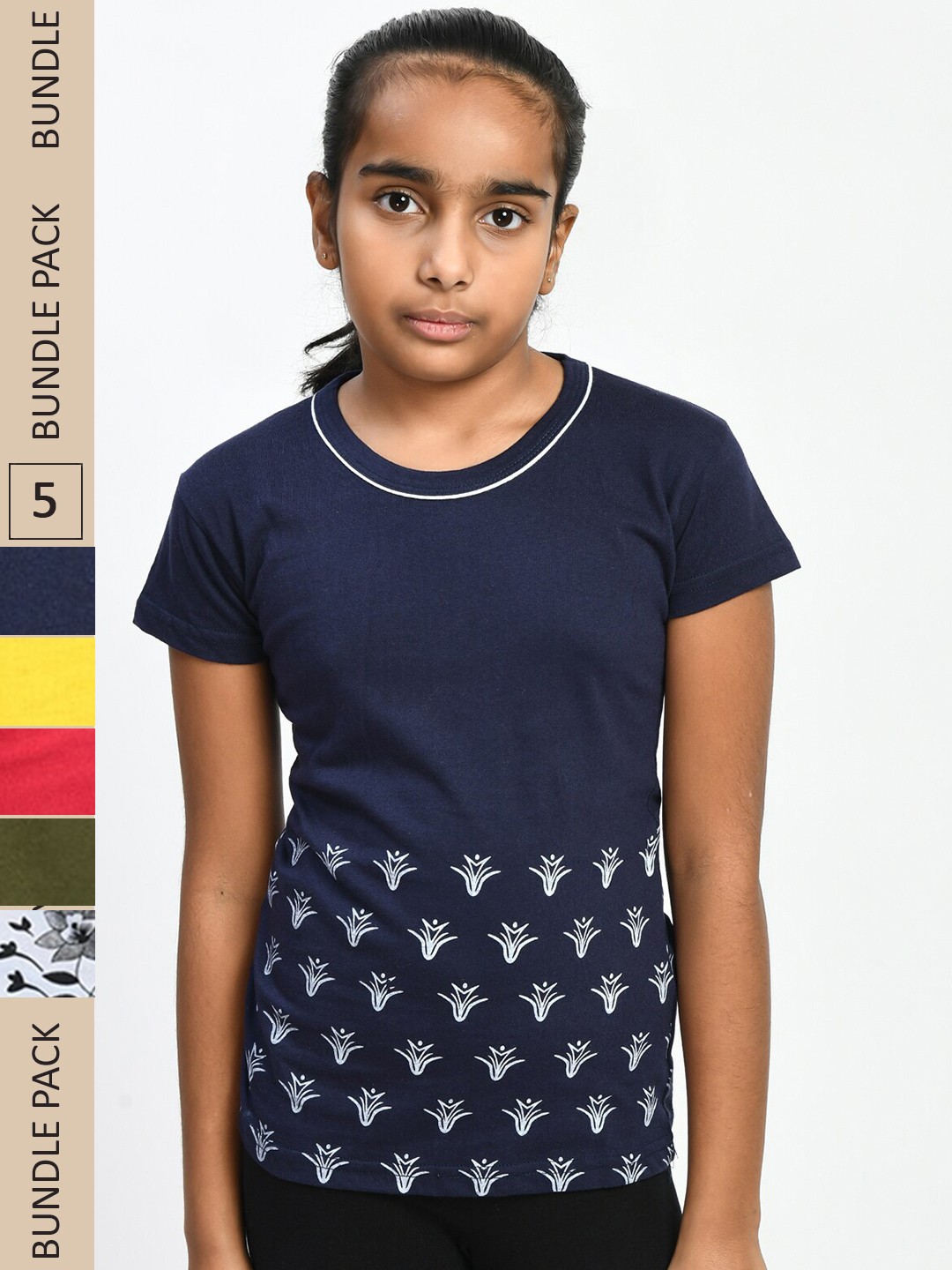 

IndiWeaves Girls Pack Of 5 Printed Pure Cotton T-shirt, Navy blue