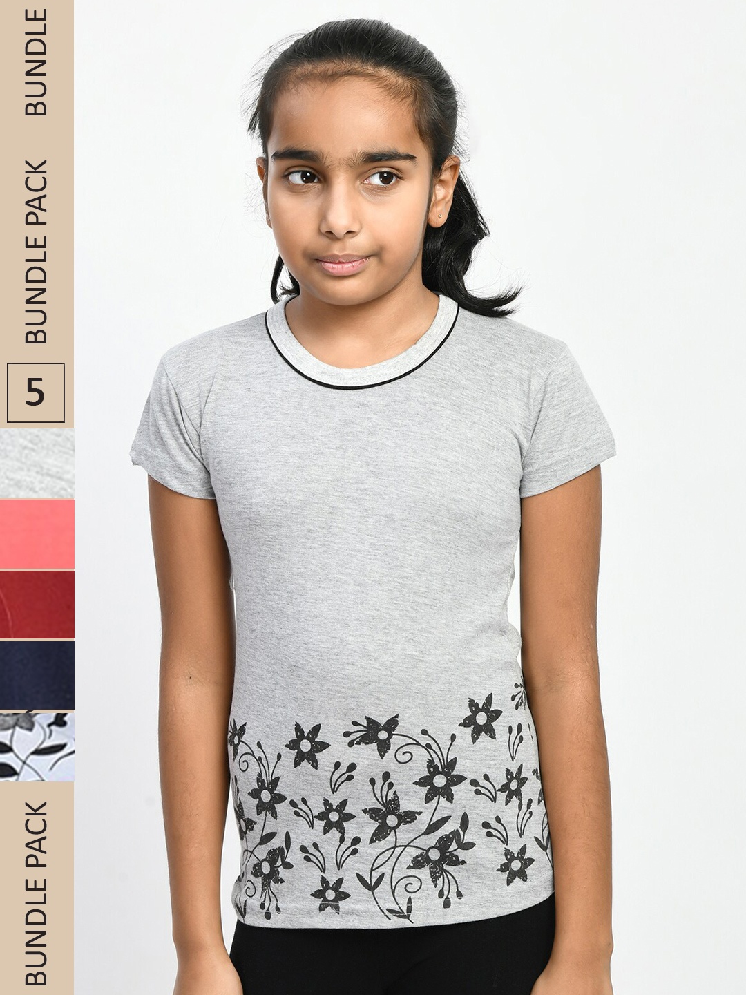 

IndiWeaves Girls Multicoloured 5 Printed Polo Collar Applique T-shirt, Multi