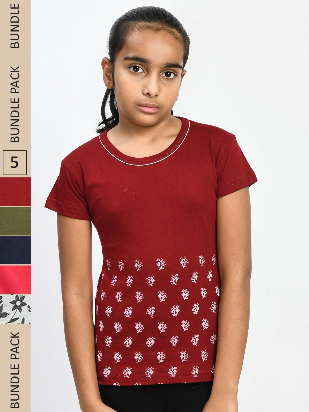 

IndiWeaves Girls Pack Of 5 Floral Printed Pure Cotton T-shirt, Maroon