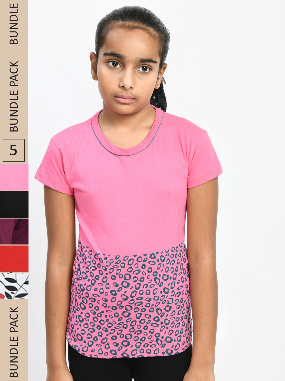 

IndiWeaves Girls Pack Of 5 Floral Printed Casual Pure Cotton T-shirts, Pink