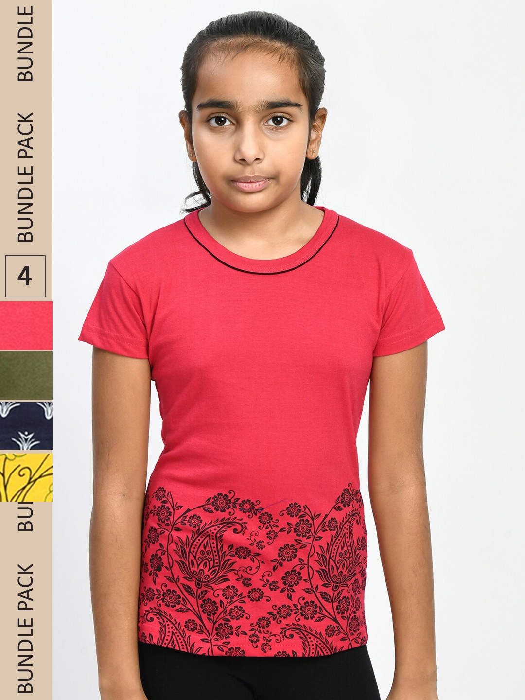 

IndiWeaves Girls Pack Of 4 Floral Printed Pure Cotton T-shirts, Red