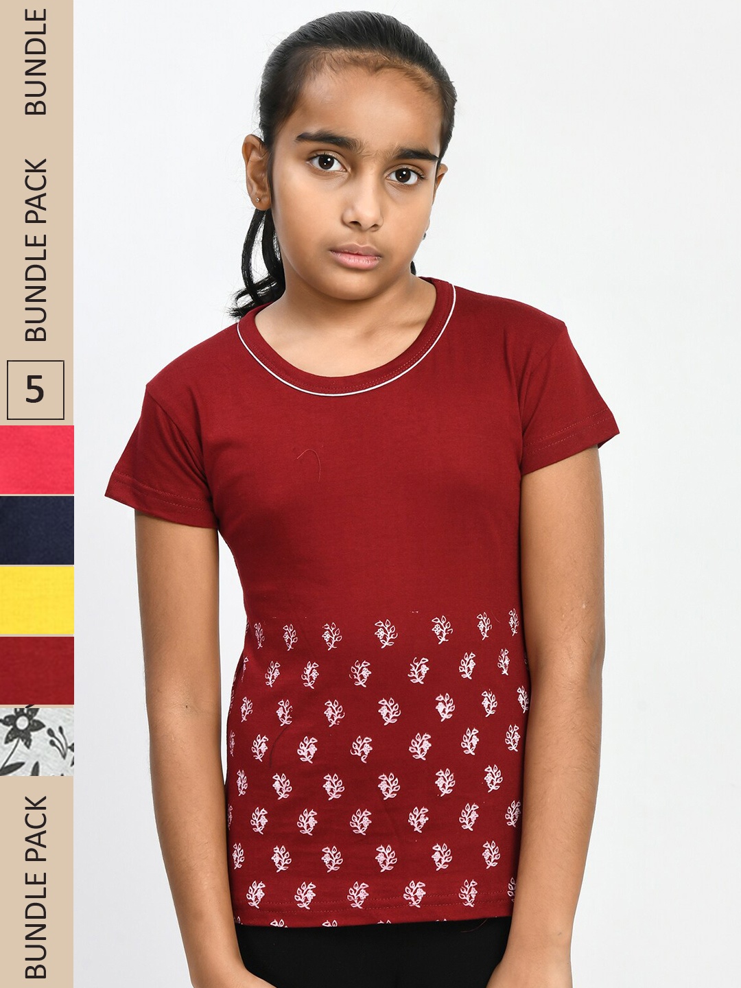 

IndiWeaves Girls Pack of 5 Printed Pure Cotton T-shirts, Maroon