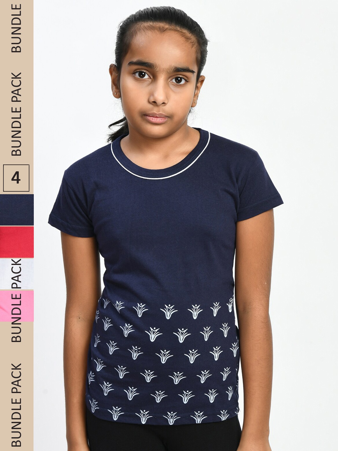 

IndiWeaves Girls Pack Of 4 Floral Printed Casual Pure Cotton T-shirts, Navy blue