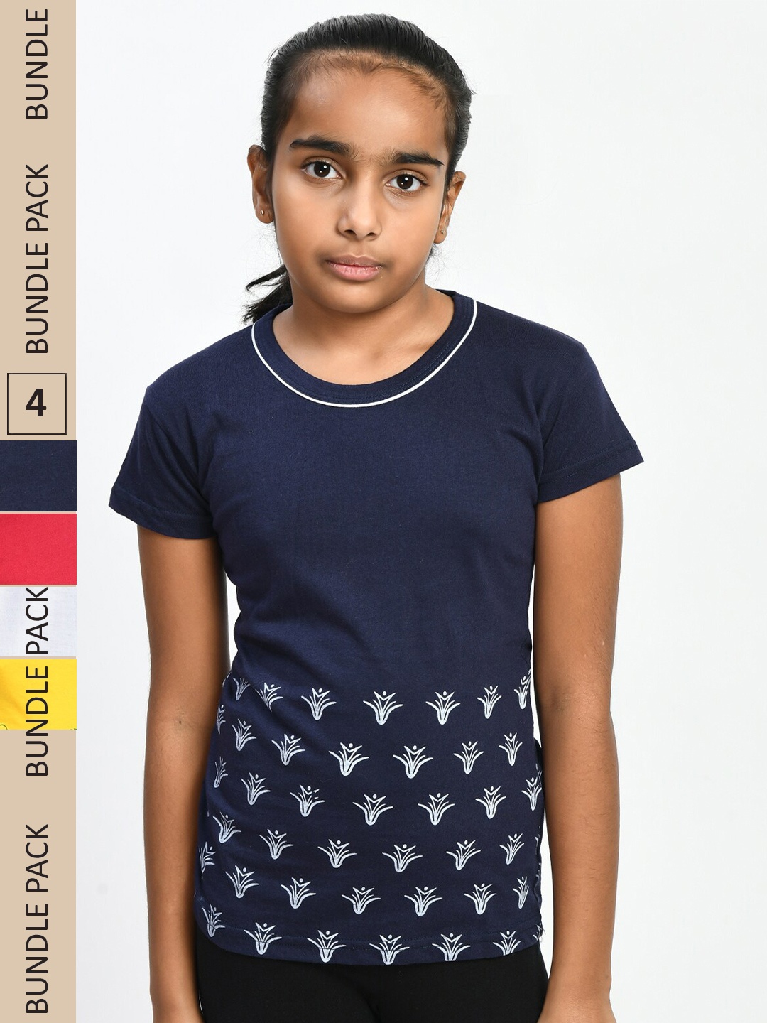 

IndiWeaves Girls Multicoloured 4 Printed V-Neck Pockets T-shirt, Multi