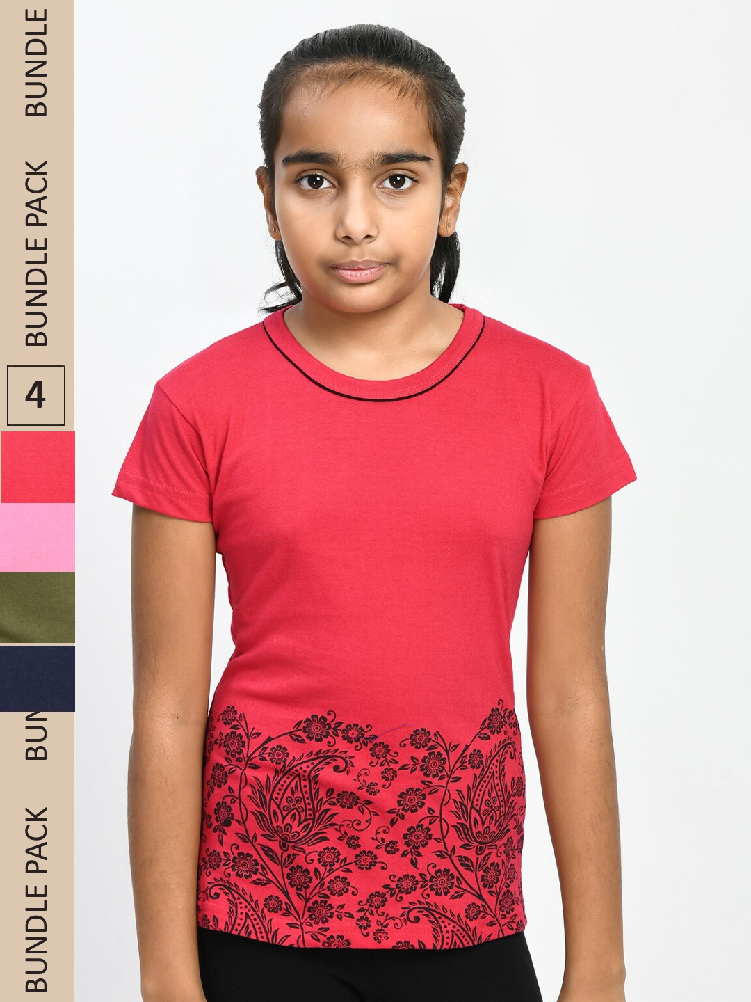 

IndiWeaves Girls Pack Of 4 Printed Round Neck Cotton T-shirt, Pink