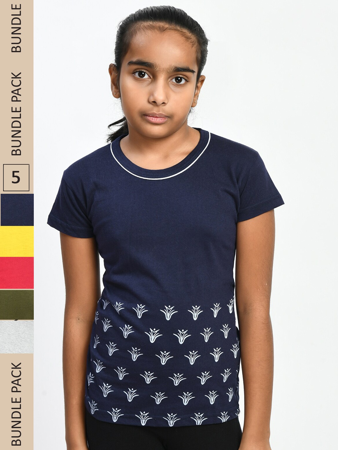 

IndiWeaves Girls Pack of 5 Floral Printed Pure Cotton T-Shirts, Navy blue