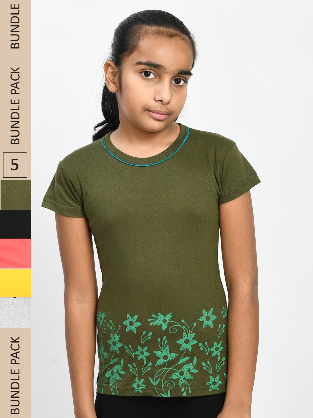 

IndiWeaves Girls Pack Of 5 Printed Knitted Pure Cotton T-Shirts, Olive