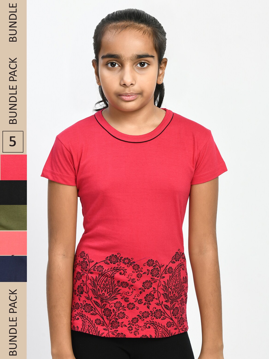 

IndiWeaves Girls Pack of 5 Printed Pure Cotton T-shirt, Red