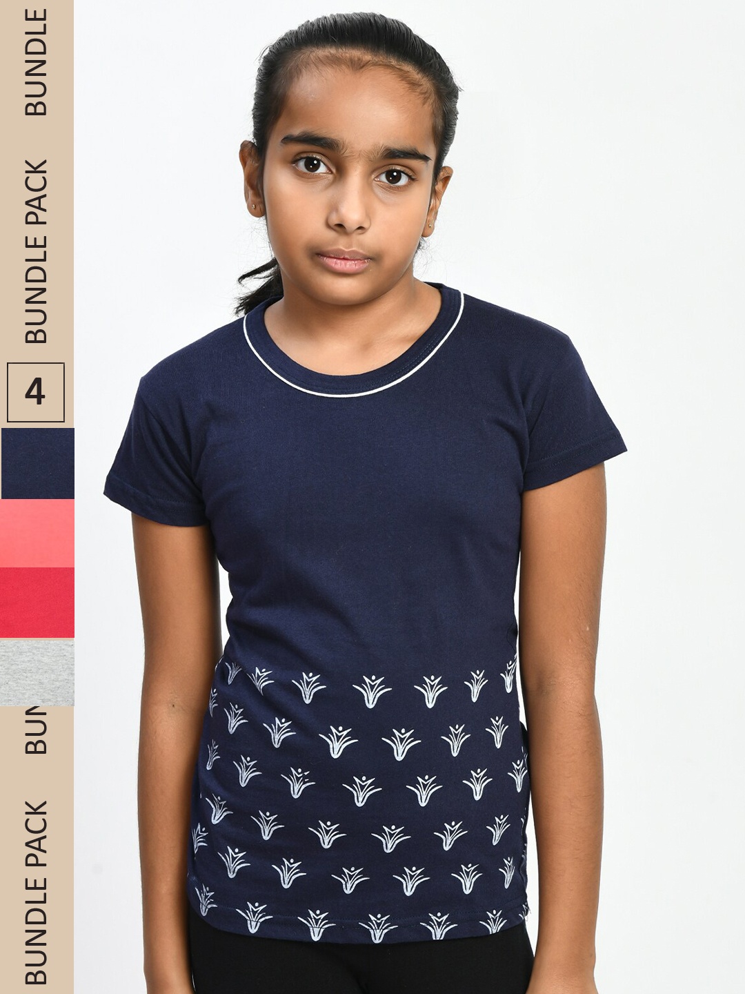 

IndiWeaves Girls Pack of 4 Printed Pure Cotton T-shirt, Navy blue