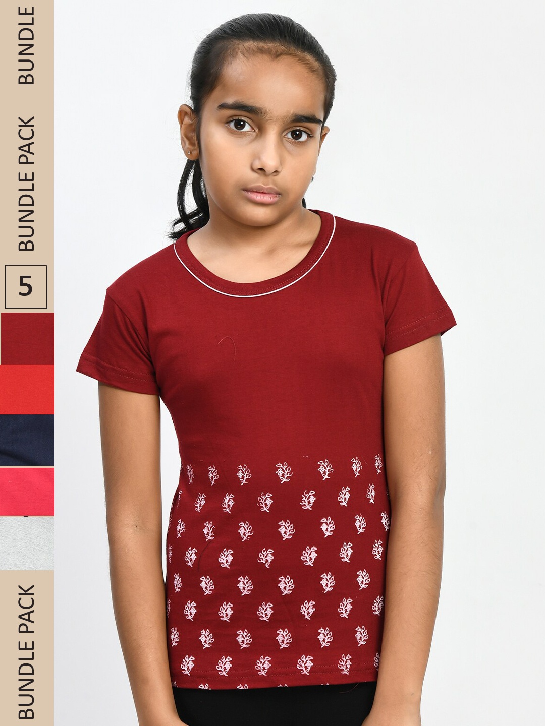 

IndiWeaves Girls Pack Of 5 Printed Round Neck Cotton T-shirt, Maroon