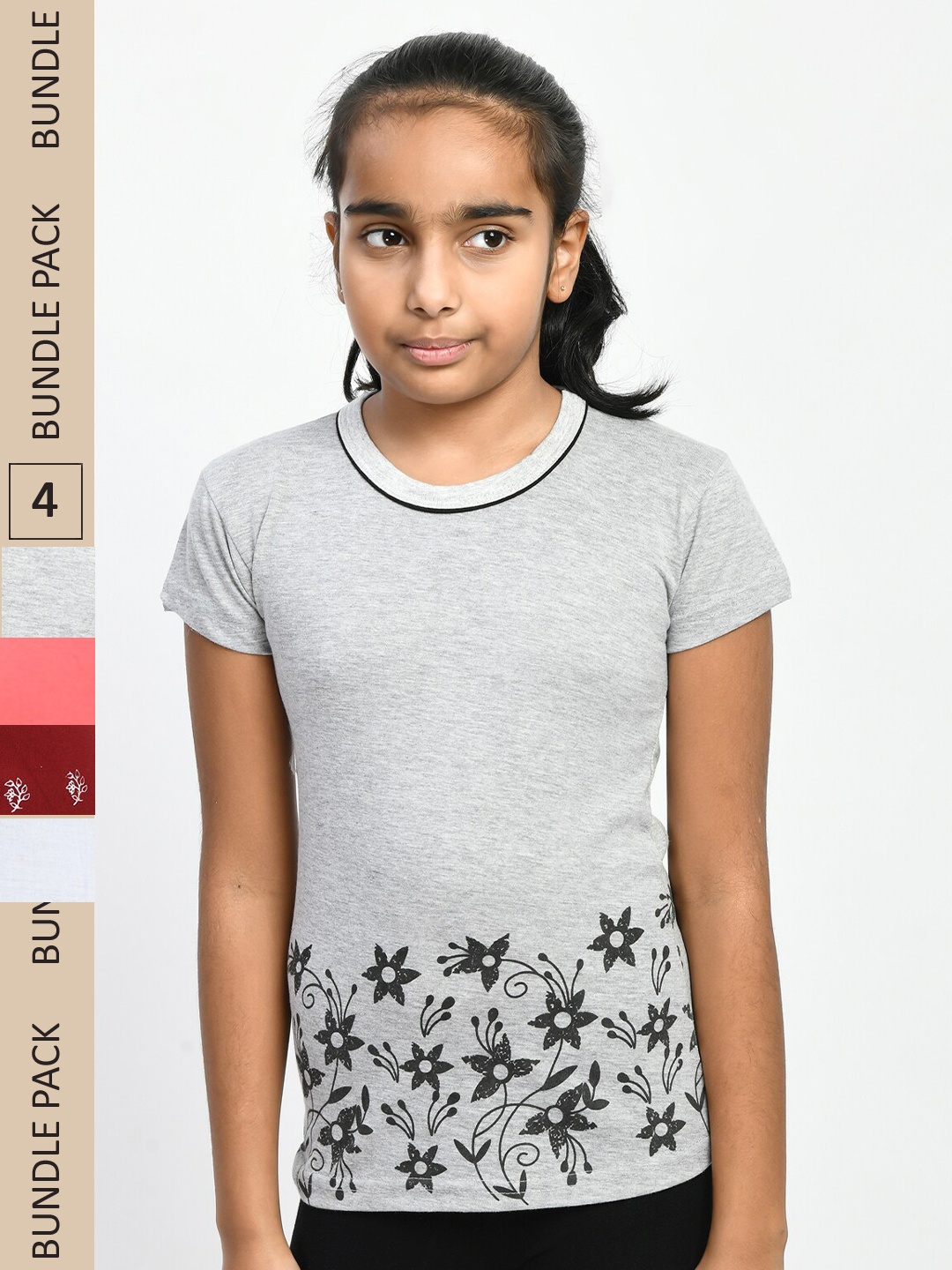 

IndiWeaves Girls Pack Of 4 Printed Knitted Pure Cotton T-Shirts, Grey